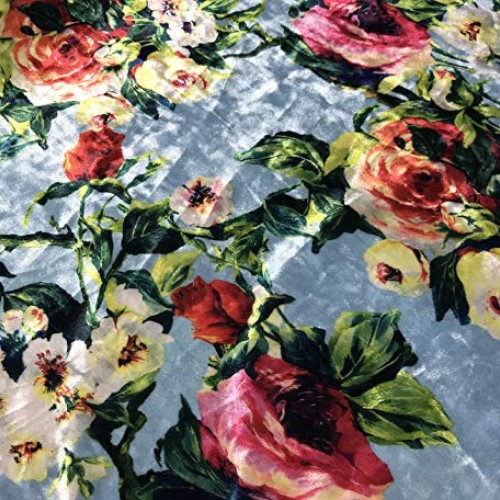 Blue with Roses Floral - Stretch Polyester Velvet Fabric