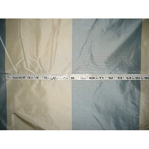 100% Pure Silk Taffeta Fabric Blueish Grey & Cream Stripes Color T...