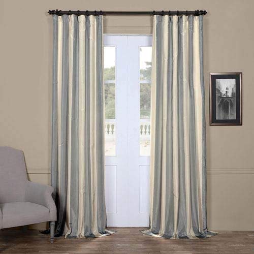 100% Pure Silk Taffeta Fabric Blueish Grey & Cream Stripes Color T...