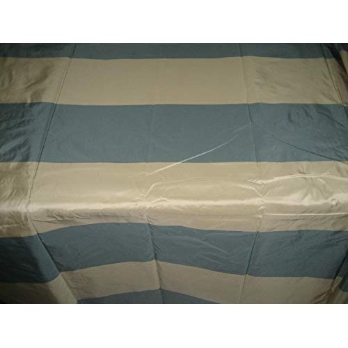 100% Pure Silk Taffeta Fabric Blueish Grey & Cream Stripes Color T...