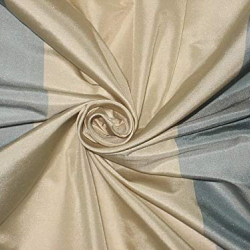 100% Pure Silk Taffeta Fabric Blueish Grey & Cream Stripes Color T...