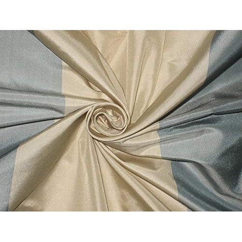 100% Pure Silk Taffeta Fabric Blueish Grey & Cream Stripes Color T...