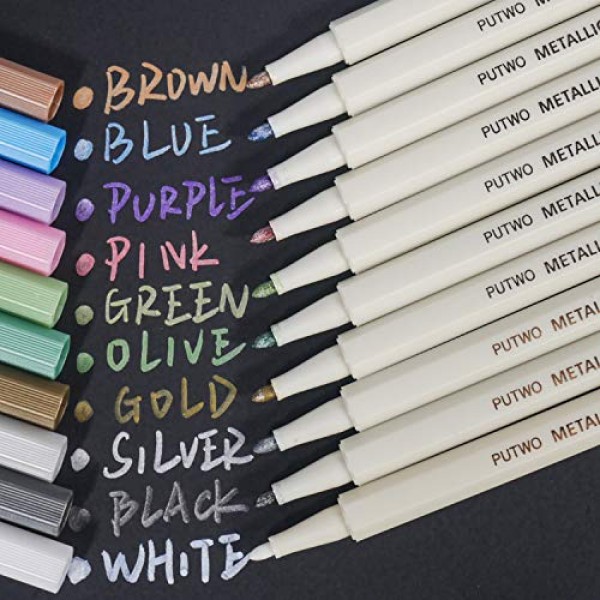 PuTwo Metallic Markers, 10 Assorted Colors Water Proof Metallic Pa...