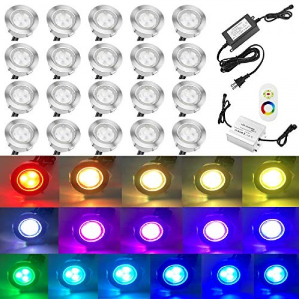 QACA 20pcs Low Voltage LED Deck Lights Kits Multi-Color RGB Stainl...