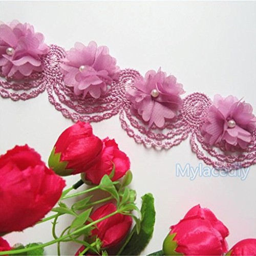 2 Meters Chiffon Flower Pearl Lace Edge Trim Ribbon 6 cm Width Vin...