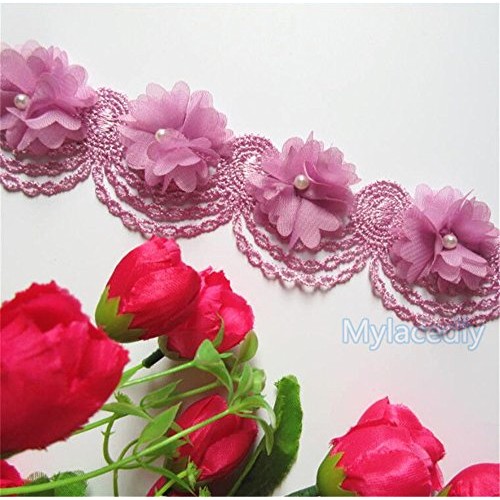 2 Meters Chiffon Flower Pearl Lace Edge Trim Ribbon 6 cm Width Vin...