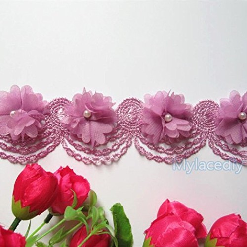2 Meters Chiffon Flower Pearl Lace Edge Trim Ribbon 6 cm Width Vin...