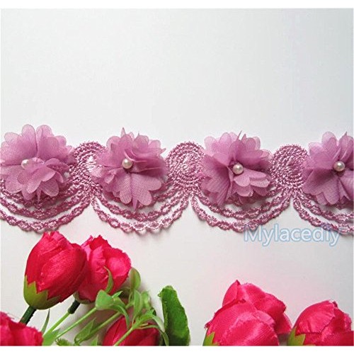2 Meters Chiffon Flower Pearl Lace Edge Trim Ribbon 6 cm Width Vin...