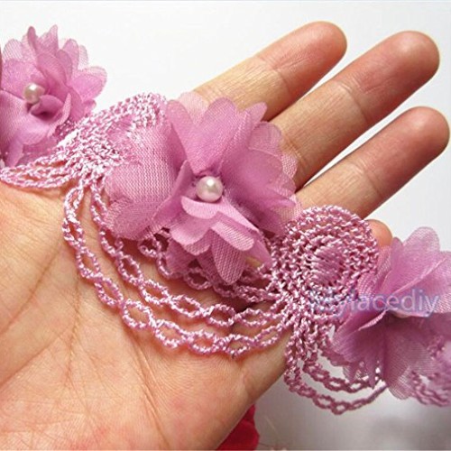 2 Meters Chiffon Flower Pearl Lace Edge Trim Ribbon 6 cm Width Vin...