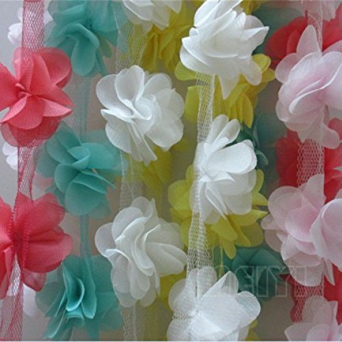 3 Meters 3D Chiffon Cluster Flowers Petals Leaves Lace Edge Trim R...