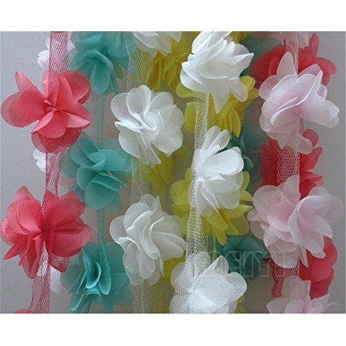 3 Meters 3D Chiffon Cluster Flowers Petals Leaves Lace Edge Trim R...