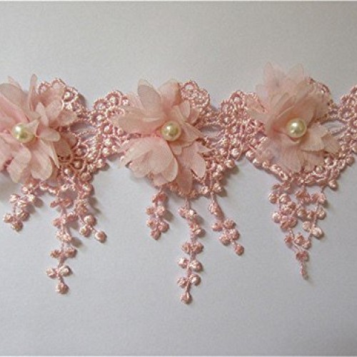 3 Yard 3D Chiffon Flower Pearl Beaded Lace Edge Trim Ribbon 3-1/2...