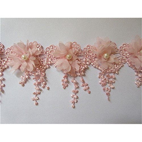 3 Yard 3D Chiffon Flower Pearl Beaded Lace Edge Trim Ribbon 3-1/2...
