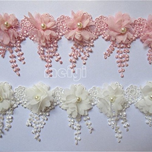 3 Yard 3D Chiffon Flower Pearl Beaded Lace Edge Trim Ribbon 3-1/2...