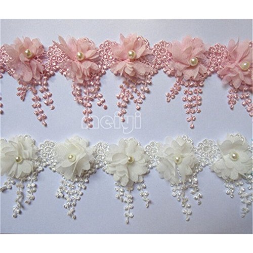 3 Yard 3D Chiffon Flower Pearl Beaded Lace Edge Trim Ribbon 3-1/2...