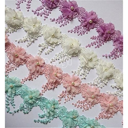 3 Yard 3D Chiffon Flower Pearl Beaded Lace Edge Trim Ribbon 3-1/2...