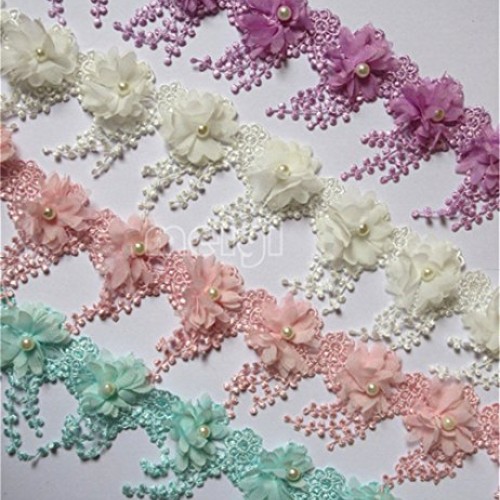 3 Yard 3D Chiffon Flower Pearl Beaded Lace Edge Trim Ribbon 3-1/2...