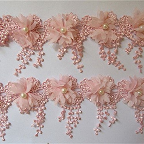 3 Yard 3D Chiffon Flower Pearl Beaded Lace Edge Trim Ribbon 3-1/2...