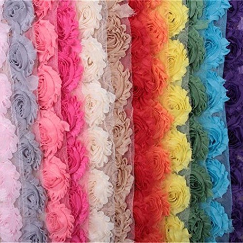 3 Yard Boutique Shabby Chic Fabric 3D Chiffon Rose Flower Lace Edg...