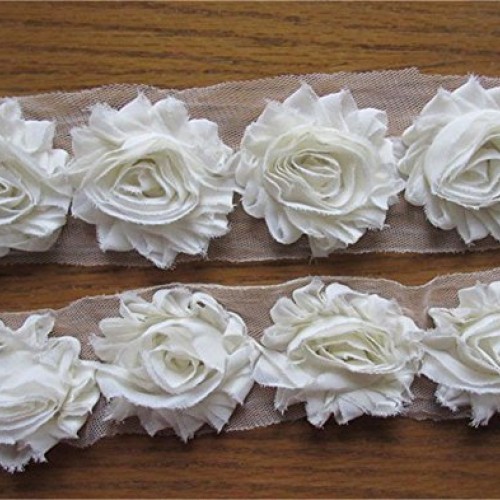 3 Yard Boutique Shabby Chic Fabric 3D Chiffon Rose Flower Lace Edg...