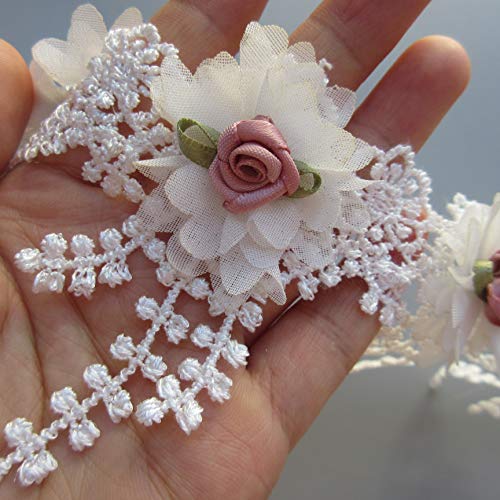 30pcs Flower Lace Ribbon Tassel Edge Trim with Pearl Beads 3D Flor...