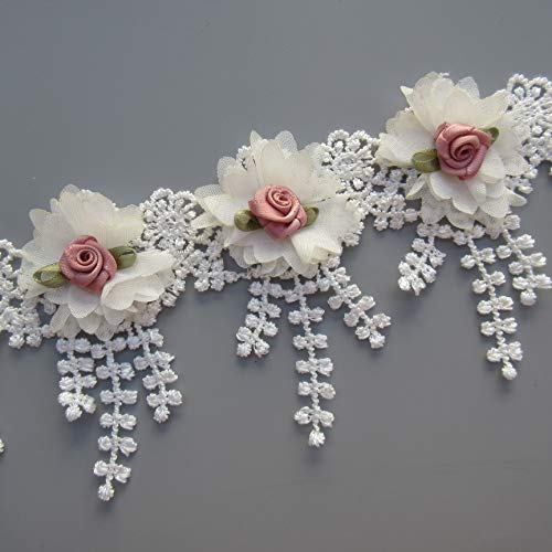 30pcs Flower Lace Ribbon Tassel Edge Trim with Pearl Beads 3D Flor...