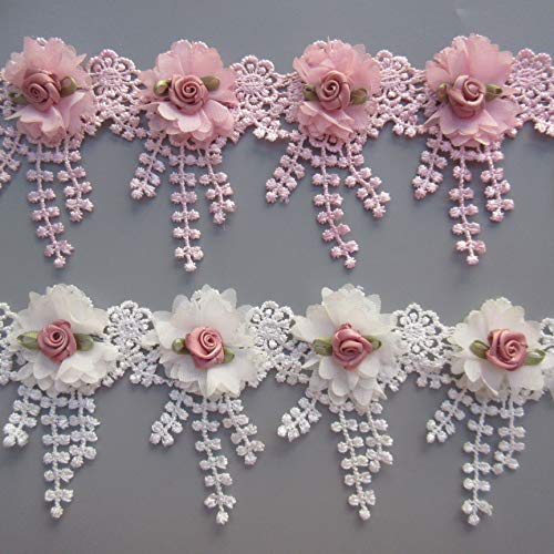 30pcs Flower Lace Ribbon Tassel Edge Trim with Pearl Beads 3D Flor...