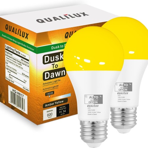 Qualilux Dusk to Dawn A19 LED Bug Light Bulbs Outdoor, 1900K Amber Yellow, 600 Lumen, LED 9.5W, E26, 2-Pack, HQ-H017