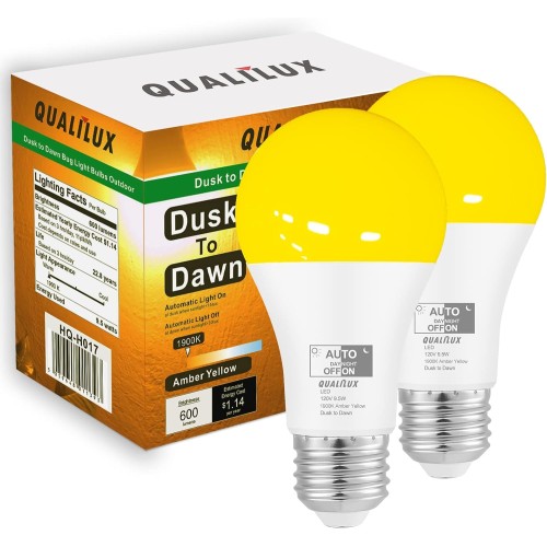 Qualilux Dusk to Dawn A19 LED Bug Light Bulbs Outdoor, 1900K Amber Yellow, 600 Lumen, LED 9.5W, E26, 2-Pack, HQ-H017