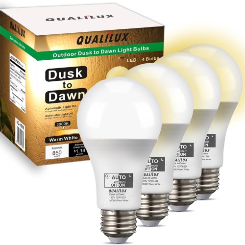 Qualilux Dusk to Dawn A19 LED Light Bulbs Outdoor, Automatic On/Off, 60W Equivalent, Warm White 3000K, Energy Efficient 9.5W, 850 Lumen, E26 Base, 4-Pack, HQ-H009
