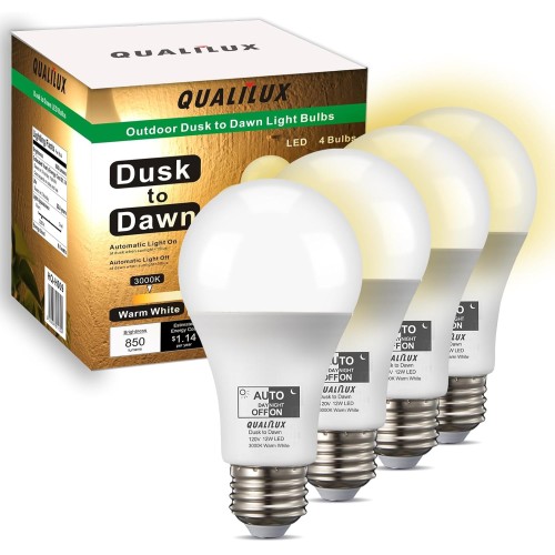 Qualilux Dusk to Dawn A19 LED Light Bulbs Outdoor, Automatic On/Off, 60W Equivalent, Warm White 3000K, Energy Efficient 9.5W, 850 Lumen, E26 Base, 4-Pack, HQ-H009