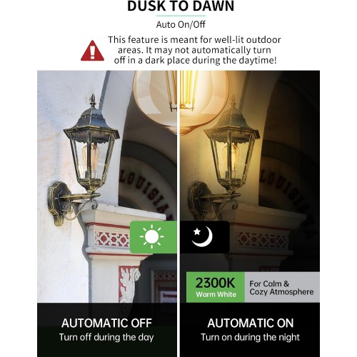 Qualilux Dusk to Dawn ST19 LED Edison Light Bulbs, Vintage Amber Glass, 2300K Amber Warm, 6.5W=60W, Non-Dimmable Auto On/Off Light Sensing LED Filament Bulb Outdoor, 700LM, E26, 2-Pack, HQ-H027