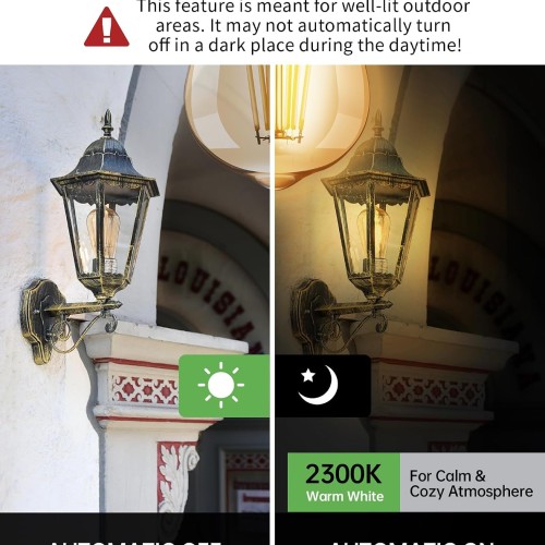 Qualilux Dusk to Dawn ST19 LED Edison Light Bulbs, Vintage Amber Glass, 2300K Amber Warm, 6.5W=60W, Non-Dimmable Auto On/Off Light Sensing LED Filament Bulb Outdoor, 700LM, E26, 2-Pack, HQ-H027