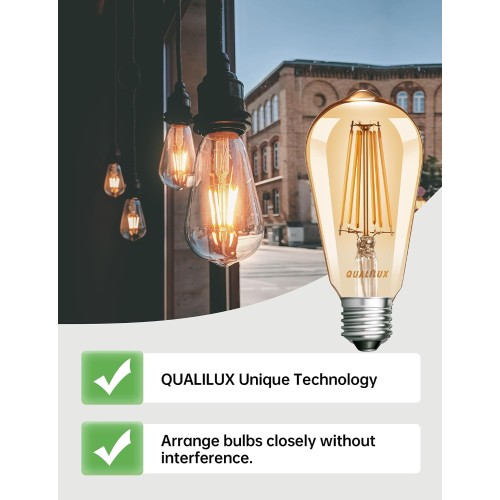 Qualilux Dusk to Dawn ST19 LED Edison Light Bulbs, Vintage Amber Glass, 2300K Amber Warm, 6.5W=60W, Non-Dimmable Auto On/Off Light Sensing LED Filament Bulb Outdoor, 700LM, E26, 2-Pack, HQ-H027