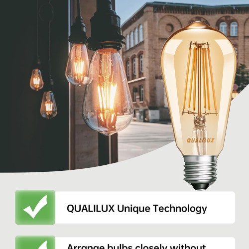 Qualilux Dusk to Dawn ST19 LED Edison Light Bulbs, Vintage Amber Glass, 2300K Amber Warm, 6.5W=60W, Non-Dimmable Auto On/Off Light Sensing LED Filament Bulb Outdoor, 700LM, E26, 2-Pack, HQ-H027