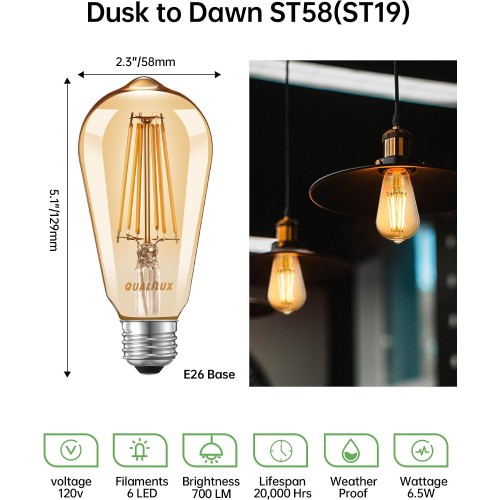 Qualilux Dusk to Dawn ST19 LED Edison Light Bulbs, Vintage Amber Glass, 2300K Amber Warm, 6.5W=60W, Non-Dimmable Auto On/Off Light Sensing LED Filament Bulb Outdoor, 700LM, E26, 2-Pack, HQ-H027