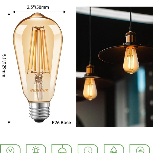 Qualilux Dusk to Dawn ST19 LED Edison Light Bulbs, Vintage Amber Glass, 2300K Amber Warm, 6.5W=60W, Non-Dimmable Auto On/Off Light Sensing LED Filament Bulb Outdoor, 700LM, E26, 2-Pack, HQ-H027