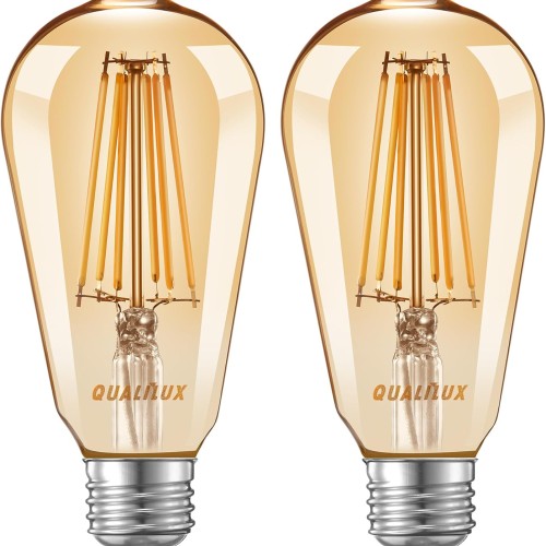 Qualilux Dusk to Dawn ST19 LED Edison Light Bulbs, Vintage Amber Glass, 2300K Amber Warm, 6.5W=60W, Non-Dimmable Auto On/Off Light Sensing LED Filament Bulb Outdoor, 700LM, E26, 2-Pack, HQ-H027