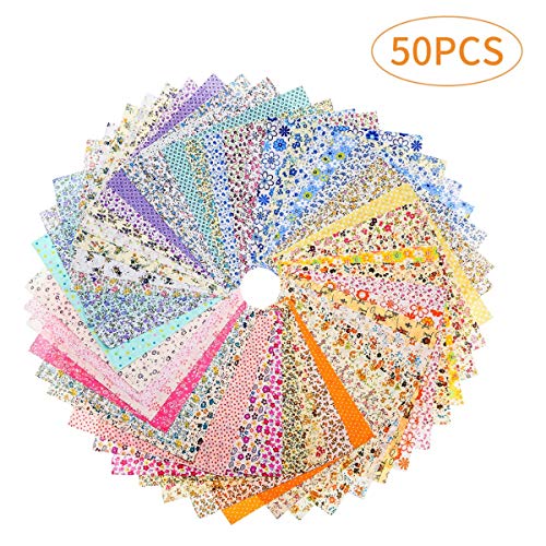 Quonae 50Pcs 9.84 x 9.84 Floral Cotton Fabric Patchwork Quilting...