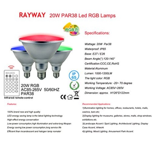 RAYWAY Par38 LED RGB Spotlight Bulb Outdoor, 20W Waterproof Dimmab...