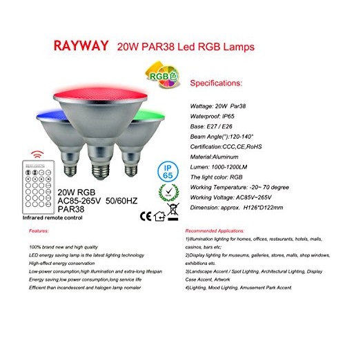 RAYWAY Par38 LED RGB Spotlight Bulb Outdoor, 20W Waterproof Dimmab...