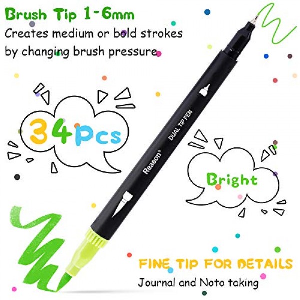 Dual Tip Brush Marker Pens 34 Color, Fine Point Brush Coloring Mar...
