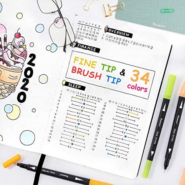 Dual Tip Brush Marker Pens 34 Color, Fine Point Brush Coloring Mar...