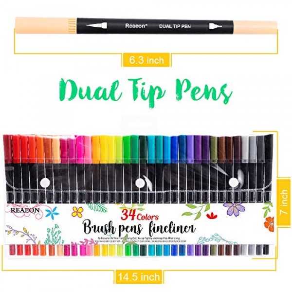 Dual Tip Brush Marker Pens 34 Color, Fine Point Brush Coloring Mar...