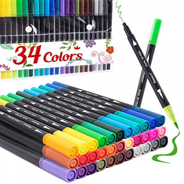 Dual Tip Brush Marker Pens 34 Color, Fine Point Brush Coloring Mar...
