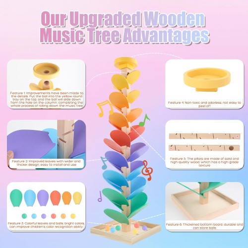 Wooden Marble Run Music Tree Montessori Toys Marble Ball Run for Kids 3-5