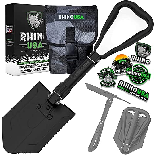 RHINO USA Folding Survival Shovel w/Pick - Heavy Duty Carbon Steel...