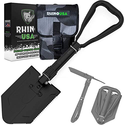 RHINO USA Folding Survival Shovel w/Pick - Heavy Duty Carbon Steel...
