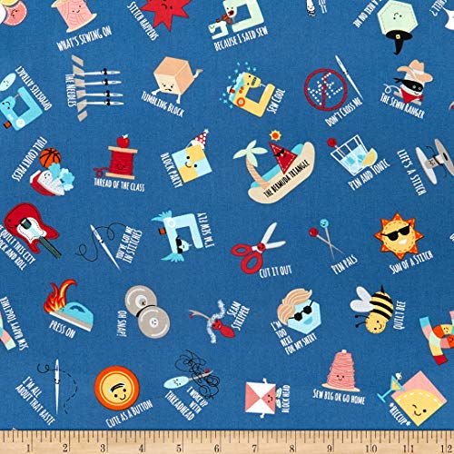Riley Blake Sew Chatty Pun Toss Denim Fabric by The Yard