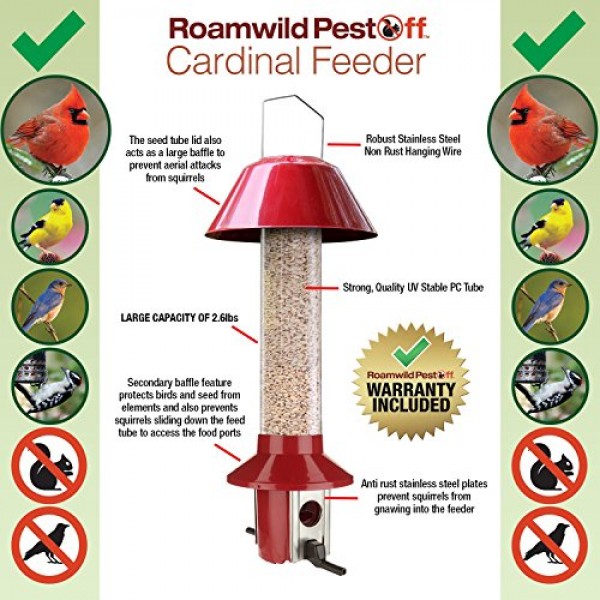 Roamwild PestOff Red Squirrel Proof Cardinal Bird Feeder Mixed See...